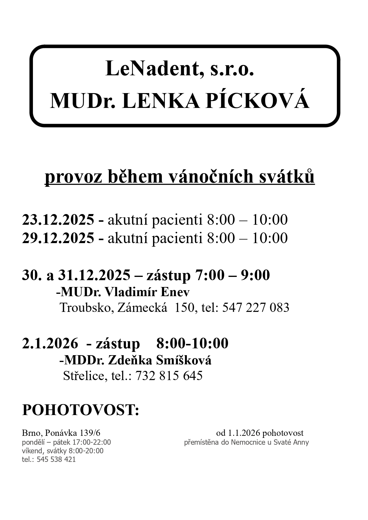 LeNadent, s. r. o. - provoz během vánočních svátků