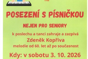 Posezení s písničkou nejen pro seniory, sobota 3. 10. od 18 hod. v sokolovně