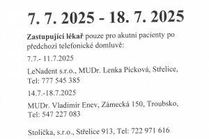Zubní ordinace ve Střelicích - prázdninový provoz