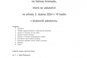 T. J. Sokol Radostice, Valná hromada 3. 4. 2024 v 19 hod.
